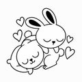 Adorable Little Bunny Couple Napping Coloring Page Doodle Illustration