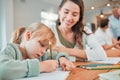 Adorable little caucasian girl sitting at table and doing homework while her mother helps her. Beautiful smiling young Royalty Free Stock Photo