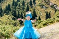 Adorable little child girl with bubble blower on grass on meadow. Summer green nature . Royalty Free Stock Photo