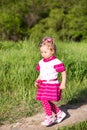 Adorable little child girl on grass on meadow. Summer green nature background. Royalty Free Stock Photo