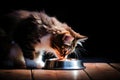 Adorable little cute fluffy purebred hungry cat kitty eating food from bowl filled dry wet cat food pet owner feeding in