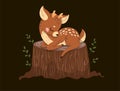 Adorable little deer asleep on a tree stump in the forest