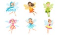 Adorable Little Fairies in Colorful Dresses with Wings Set, Smiling Beautiful Girls in Fairy or Elf Costumes Vector Royalty Free Stock Photo