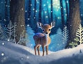 Adorable little fawn in snowy forest at cold winter night