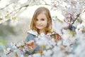 Adorable little girl in blooming cherry tree garden on beautiful spring day Royalty Free Stock Photo
