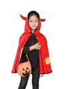 Adorable little girl dressed Halloween costume. Kid in Dracula robe isolated on white background