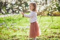 Adorable little girl enjoying nice and sunny spring day near apple tree in full bloom Royalty Free Stock Photo