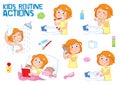 Adorable little girl with ginger hair and freckle face - daily routine - white background