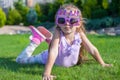 Adorable little girl in Happy Birthday glasses Royalty Free Stock Photo