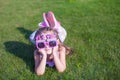 Adorable little girl in Happy Birthday glasses Royalty Free Stock Photo