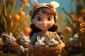 Adorable little girl holding a basket with Easter eggs outdoors. 3D cartoon by generative Ai Royalty Free Stock Photo