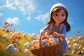 Adorable little girl holding a basket with Easter eggs outdoors. 3D cartoon by generative Ai Royalty Free Stock Photo
