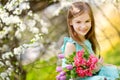 Adorable little girl holding tulips for her mother in blooming cherry garden Royalty Free Stock Photo