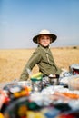 Little girl on safari bush breakfast Royalty Free Stock Photo