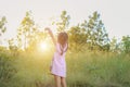 Adorable little girl laughing in a meadow - happy girl at sunset Royalty Free Stock Photo