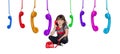 Adorable little girl with many telephones