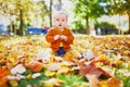 Adorable little girl playing with yellow autumn leaves Royalty Free Stock Photo