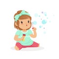 Adorable little girl sitting blowing bubbles vector Illustration Royalty Free Stock Photo