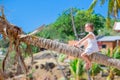 Adorable little girl sitting on palm tree during summer vacation on white beach Royalty Free Stock Photo