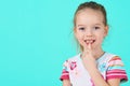 Adorable little girl smiling and showing off her first lost milk tooth. Cute preschooler portrait. Royalty Free Stock Photo