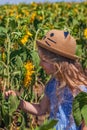 Adorable little girl in straw hat, blue plaid summer dress in a field countryside. Child with long hair smells sunflower Royalty Free Stock Photo