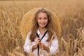 Adorable little girl in a straw hat in wheat field. Child with long blonde wavy hair on countryside landscape with spikelet in Royalty Free Stock Photo