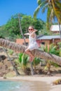 Adorable little girl sitting on palm tree during summer vacation on white beach Royalty Free Stock Photo