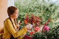 Adorable little girl watering plants on the balcony Royalty Free Stock Photo