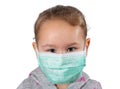 Adorable little girl wearing green protective surgical face mask - isolated on white. Girl wearing disposable procedural face mask