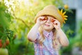 Adorable little girl wearing hat picking fresh ripe organic tomatoes in a greenhouse on summer evening Royalty Free Stock Photo