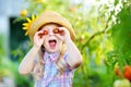 Adorable little girl wearing hat picking fresh ripe organic tomatoes in a greenhouse Royalty Free Stock Photo