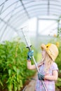 Adorable little girl wearing straw hat and childrens garden gloves playing with her toy garden tools in a greenhouse Royalty Free Stock Photo