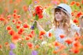 Adorable little girl in white dress playing in poppy flower field. Child picking red poppies. Toddler kid having fun in summer me Royalty Free Stock Photo