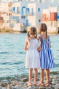 Adorable little girl at Little Venice the most popular tourist area on Mykonos island, Greece. Royalty Free Stock Photo