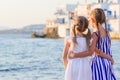 Adorable little girl at Little Venice the most popular tourist area on Mykonos island, Greece. Royalty Free Stock Photo