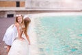 Adorable little girls near the Fountain of Trevi in Rome. Happy kids enjoy their european vacation in Italy Royalty Free Stock Photo