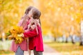 Little adorable girls at warm day in autumn park outdoors Royalty Free Stock Photo