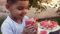 Adorable little kid boy drinking healthy fruits and vegetables juice smoothie in summer. Blond toddler tasting watermelon juice. Royalty Free Stock Photo