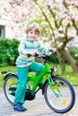 Adorable little kid boy driving his first bike or laufrad Royalty Free Stock Photo