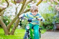 Adorable little kid boy driving his first bike or laufrad Royalty Free Stock Photo