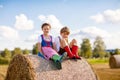 Adorable little kid boy and girl in traditional Bavarian costumes in wheat field on hay stack Royalty Free Stock Photo