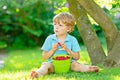 Adorable little kid boy having fun on raspberry farm in summer. Royalty Free Stock Photo