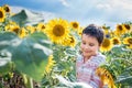 Adorable little kid boy on summer sunflower field outdoor. Happy child sniffing a sunflower flower on green field Royalty Free Stock Photo