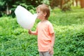 Adorable little kid eating candy-floss outdoors at summer park. Boy holding cotton candy. Little boy eating cotton candy on a stic
