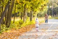 Adorable little kid girl and young woman in beautiful autumn forest. Daughter running to mother. Family portrait, fall Royalty Free Stock Photo