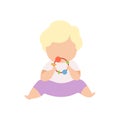 Adorable Little Kid Sitting on Floor Playing with Baby Rattle Vector Illustration