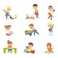 Adorable little kids reading books and working in the garden set, cute preschool children learning, studying and