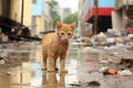 Adorable little kitten exploring the eerie streets of a dark abandoned city at night Royalty Free Stock Photo