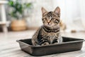 Adorable little kitten in litter box indoors. Toilet training for cat. Pet care concept. Royalty Free Stock Photo