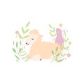 Adorable Little Lamb Lying and Sleeping on Beautiful Spring Meadow, Cute Sheep Animal Vector Illustration